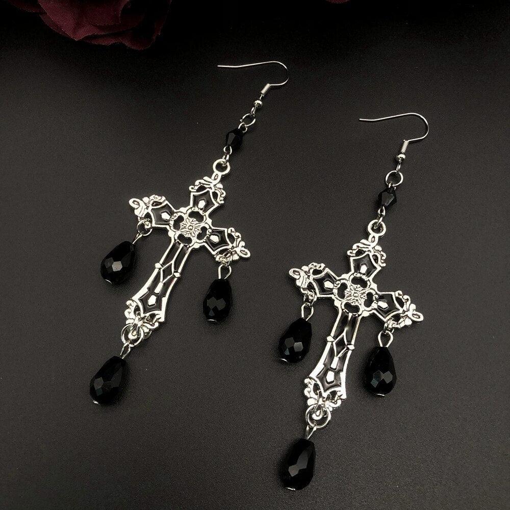 Gorgeous Fashion Black Cross Garnet and Crystal Chandelier Earrings - Large Gothic Statement Christian Jewellery - The Jewellery Supermarket