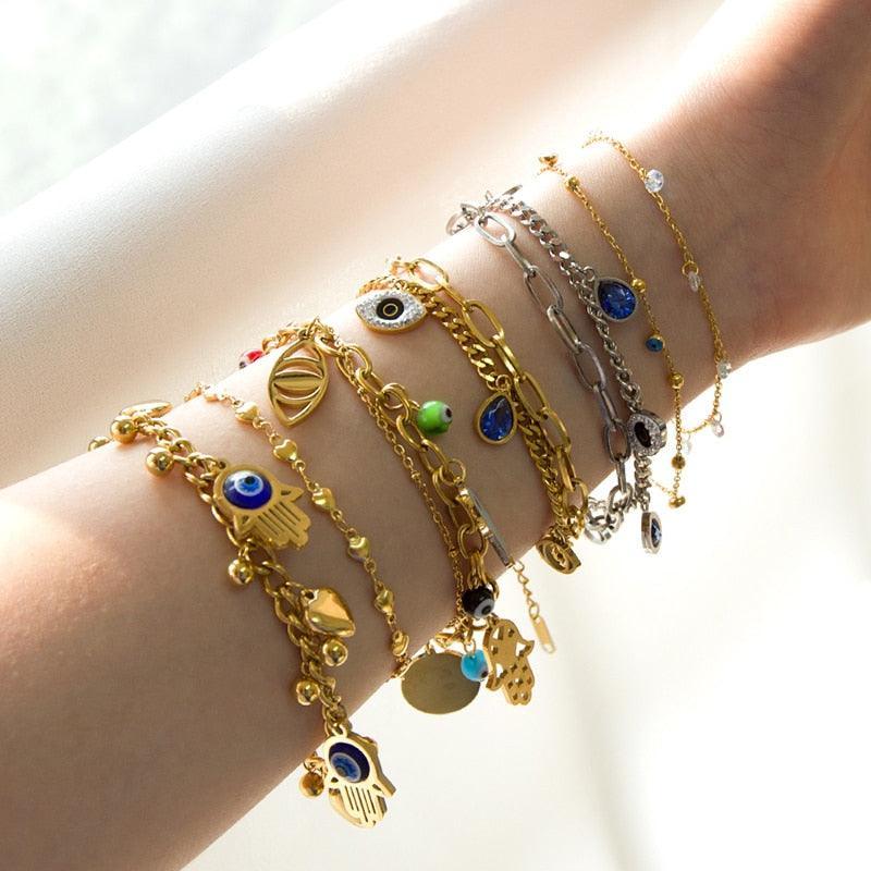 Blue Evil Eye CZ Charm Bracelets - Gold Colour Stainless Steel Drop Water Double Layer Cuban Link Jewellery - The Jewellery Supermarket