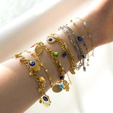 Blue Evil Eye CZ Charm Bracelets - Gold Colour Stainless Steel Drop Water Double Layer Cuban Link Jewellery - The Jewellery Supermarket