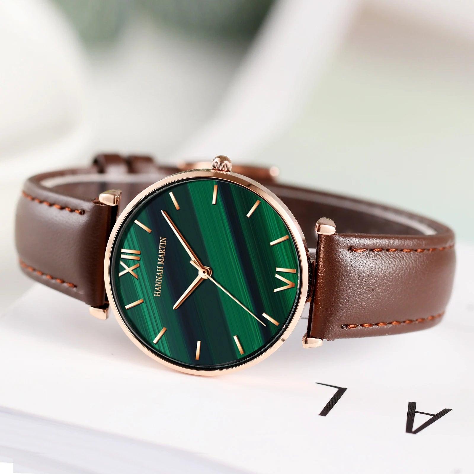 Elegant Fashion Green Malachite Dial Casual Ladies Watches - Stainless Steel Strap Waterproof Quartz Wristwatches