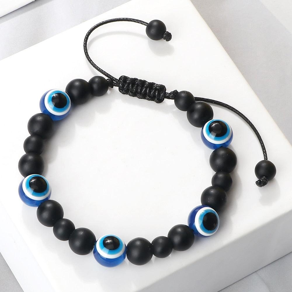Blue Evil Eye Beaded Charm Bracelets - Natural Cat Eye Stone Opal Adjustable Lucky Yoga Jewellery - The Jewellery Supermarket