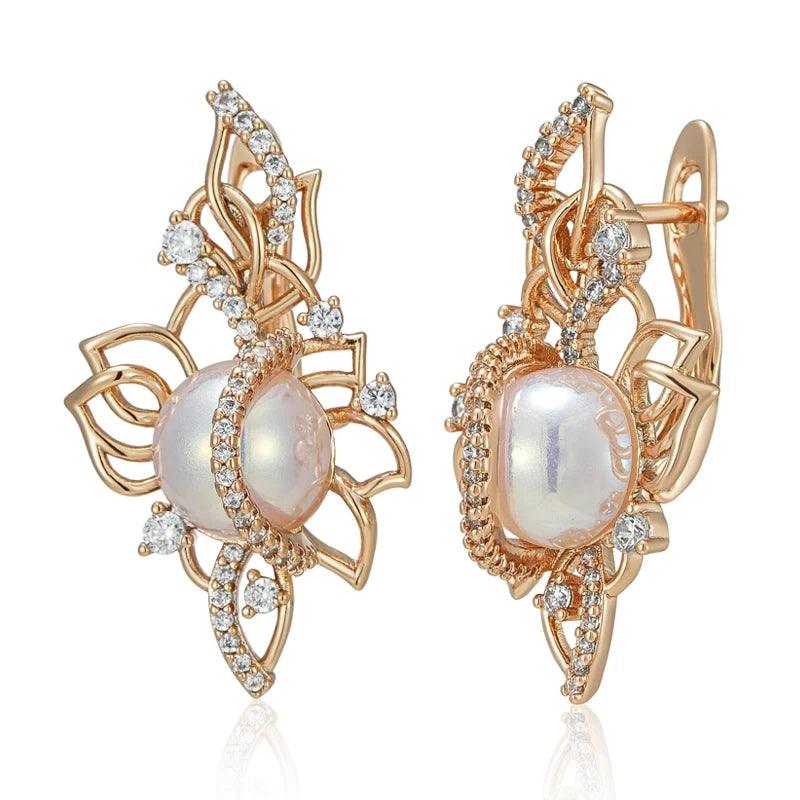 Luxury Unique Pearl Filled 14K Rose Gold Drop Earrings With White AAA Zircon Diamonds Trendy Personalized Jewellery