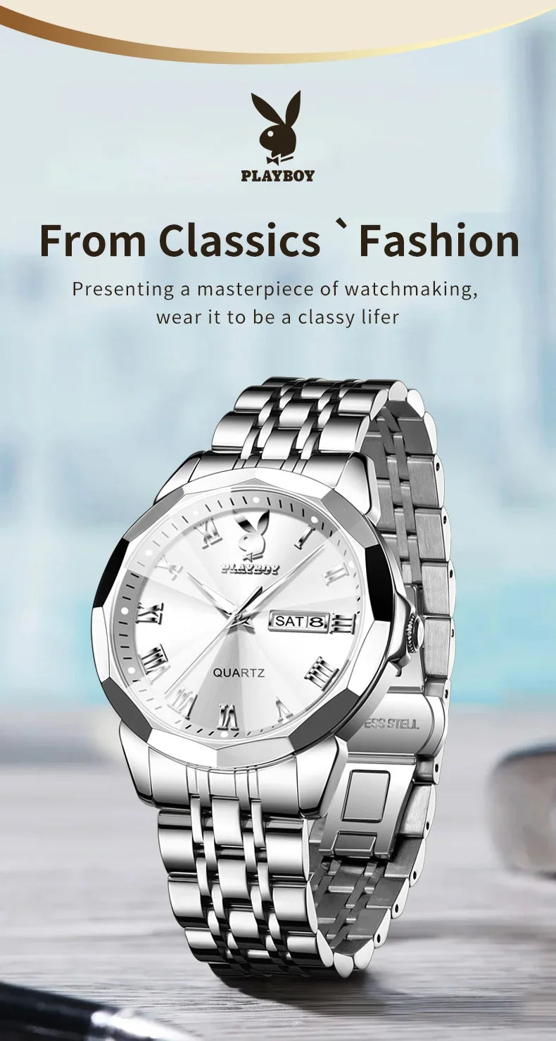 PLAYBOY Fashion Luxury High Quality Original Stainless Steel Waterproof Dual Calendar Luminous Quartz Men Watch