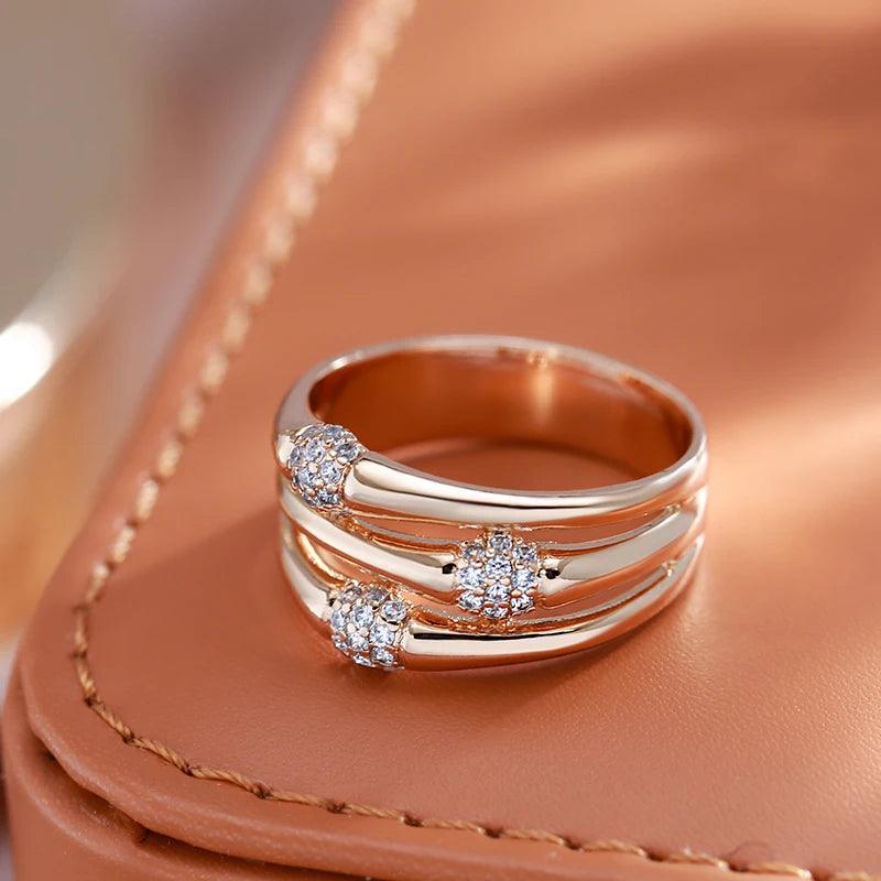 Excellent Unique Fashion 14K Rolled Rose Gold with AAA Zircon Diamonds Wide Big Rings for Women - Modern Jewelry