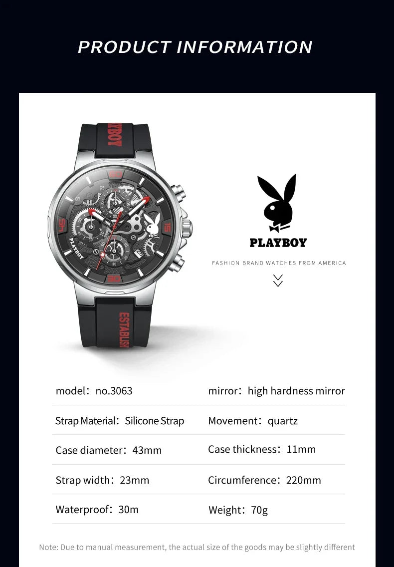 PLAYBOY Casual Quartz Luxury Sports Luminous Waterproof Fashion High-end Silicone Strap Men's Wristwatch