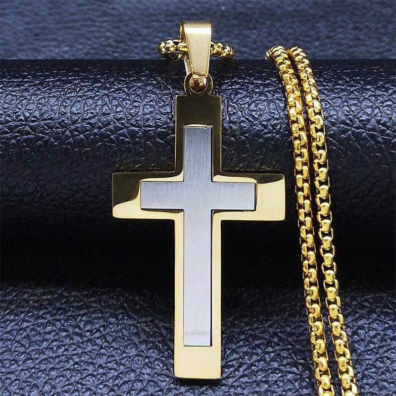 Catholic Cross Stainless Steel Jesus Christ Amulet Necklace - Gold Colour Chain Christian Necklaces Jewellery - The Jewellery Supermarket