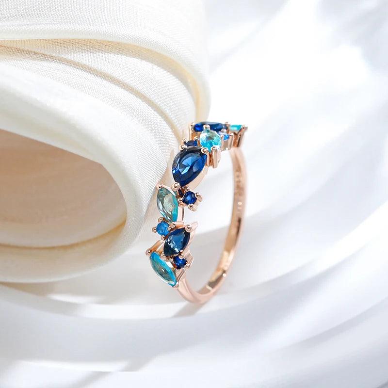 Gorgeous Blue AAA Zircon Crystals Leaf Ethnic 14K Rolled Rose Gold Luxury Ring For Women -  Daily Party Jewellery