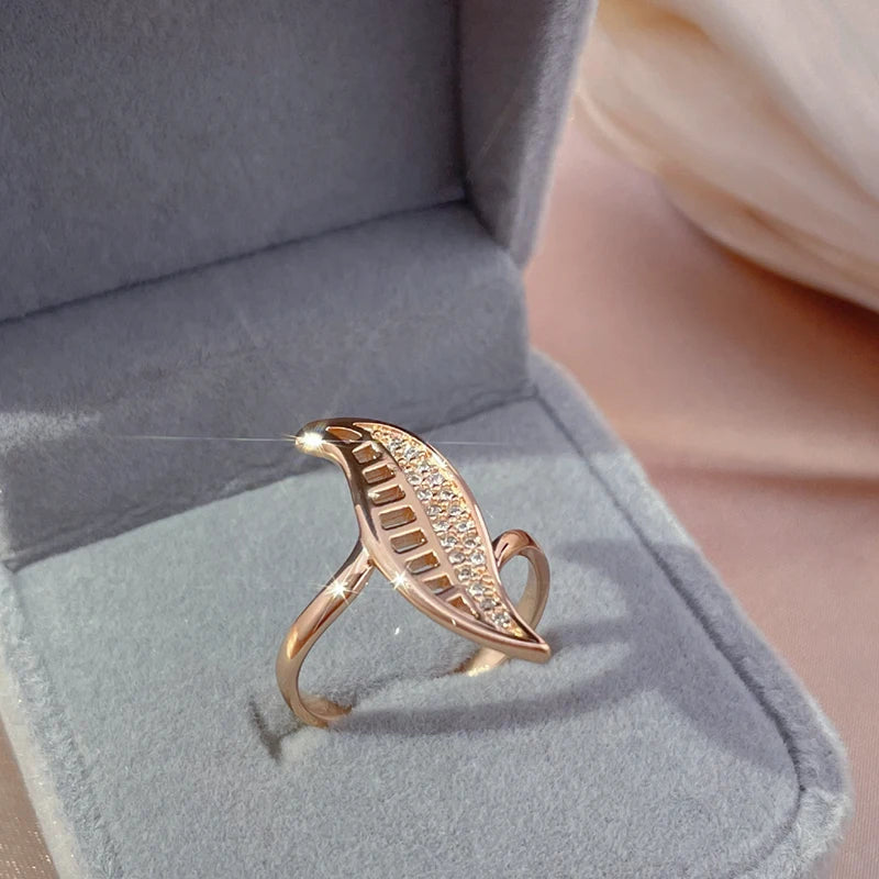 Luxury Leaf Shape Wax Inlay Rolled 14K Rose Gold AAA Zircon Diamonds Ring - Party Fashion Daily Jewellery