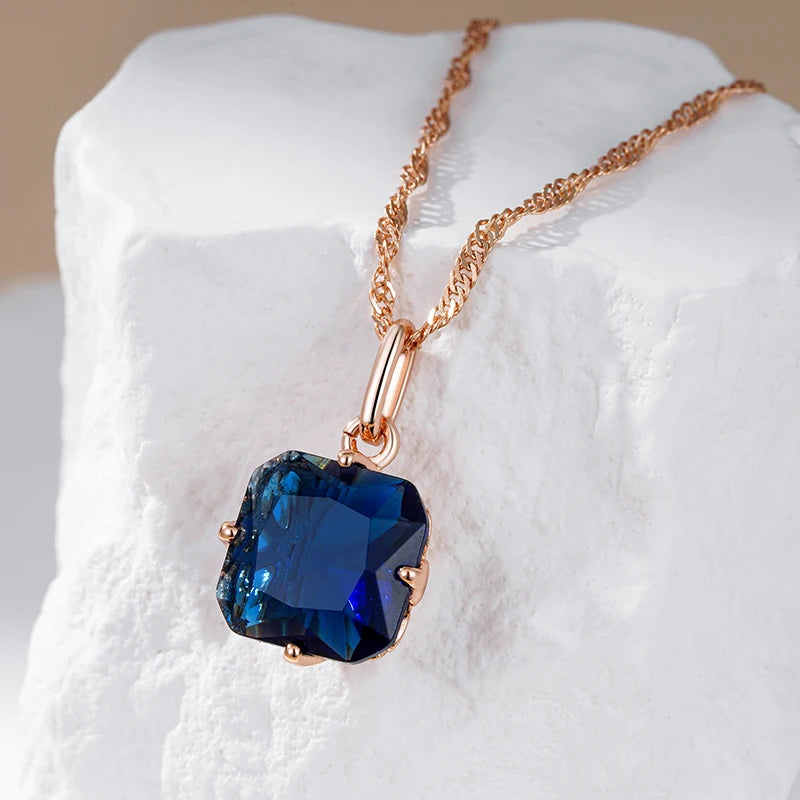 Vintage Design Classic Square Rolled 14K Rose Gold AAA Blue Zircon Pendant Necklace - Daily Fashion Jewellery