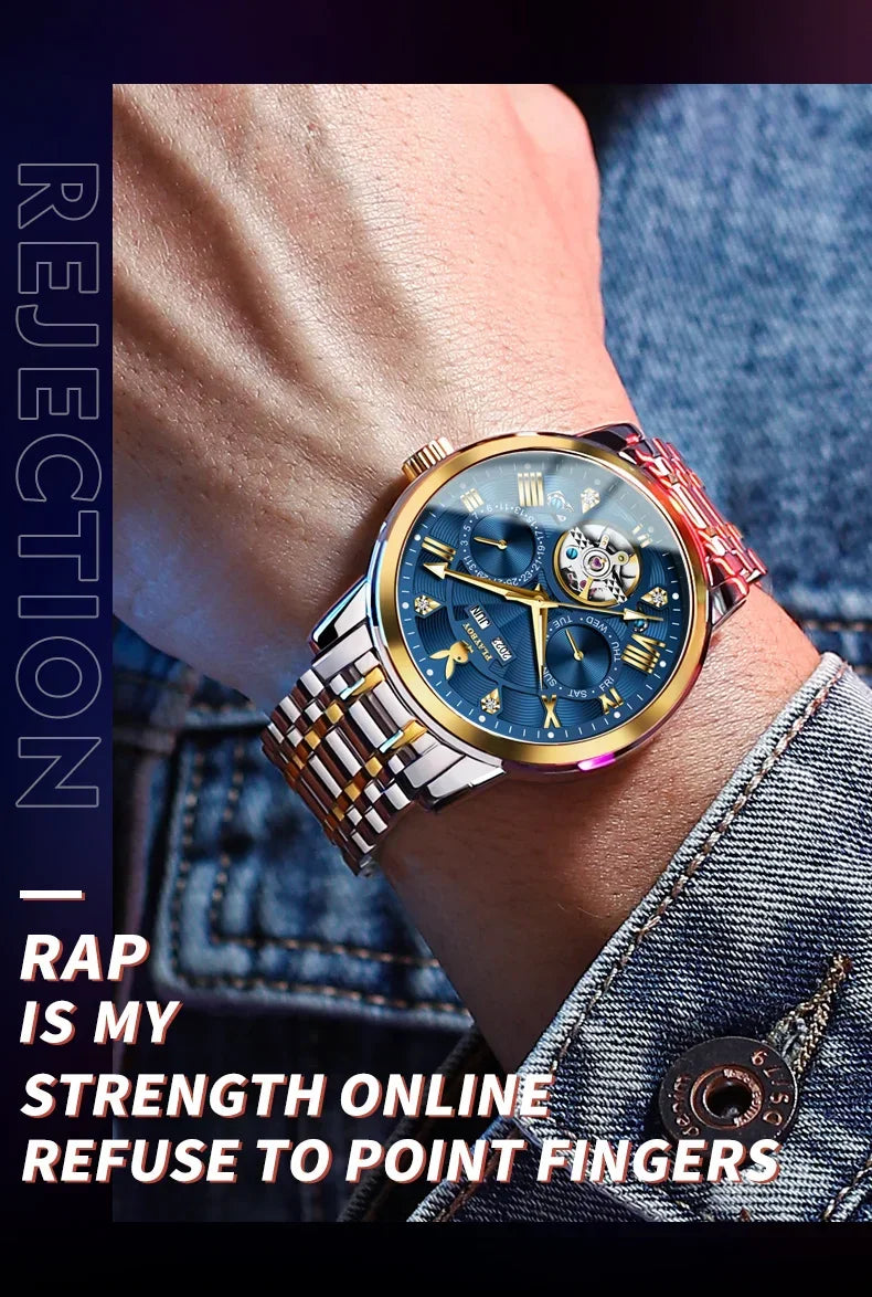 PLAYBOY Luxury Top Brand Fashion Automatic Mechanical Stainless Steel Waterproof Business Men's Watches for Men