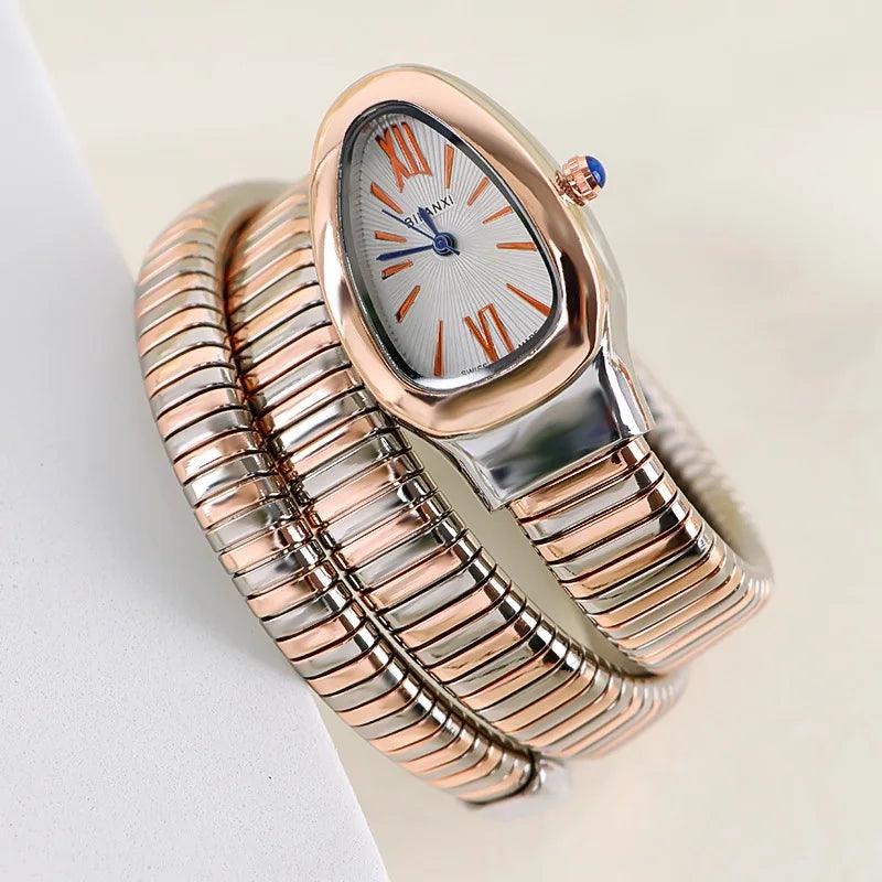 Latest Fashion Snake Design Luxury Gold Colour Stainless Steel Quartz Watches for Women Waterproof Elegant Jewellery