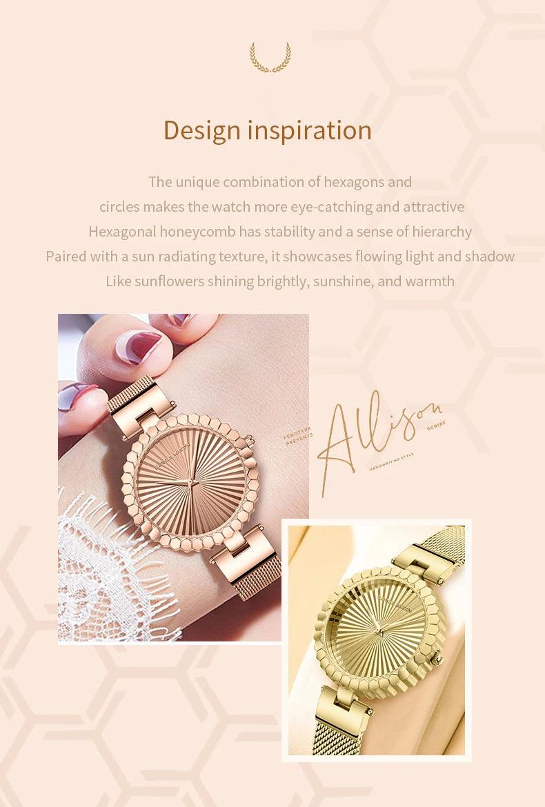 Luxury Brand Elegant Gold Tone Geometric Dial Women's Quartz Movement Watches Stainless Steel Mesh Belt Watches