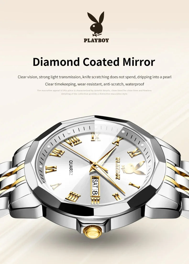 PLAYBOY Fashion Luxury High Quality Original Stainless Steel Waterproof Dual Calendar Luminous Quartz Men Watch
