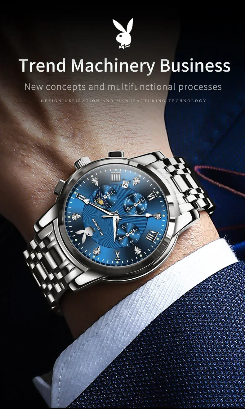 PLAYBOY Fashion Luxury Multifunction Original Waterproof Stainless Steel High Quality Quartz Watch for Men