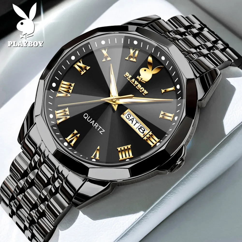 PLAYBOY Fashion Luxury High Quality Original Stainless Steel Waterproof Dual Calendar Luminous Quartz Men Watch