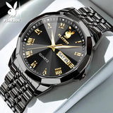PLAYBOY Fashion Luxury High Quality Original Stainless Steel Waterproof Dual Calendar Luminous Quartz Men Watch
