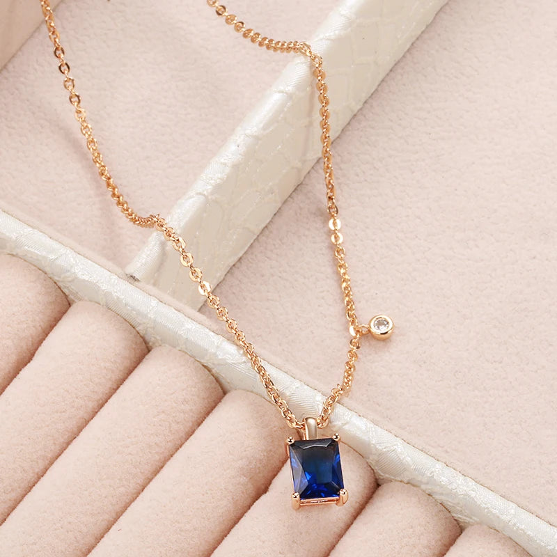 Lovely Square 14K Filled Rose Gold  Blue AAA Zircon Crystal Necklace For Women - Fashion Fine Jewellery