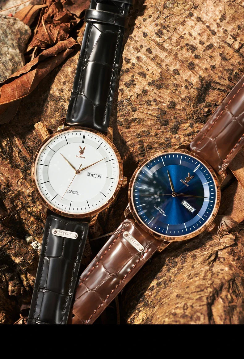 PLAYBOY Casual Simple Automatic Mechanical Men's Watches Original Waterproof Calendar High Quality Watch for Men