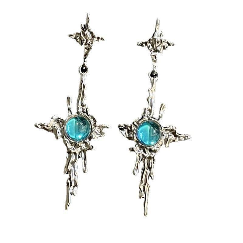 Irregular Liquid Metal Cross Moonstone Dangle Earrings - Trend Metal Cross Moonstone Drops Christian Earrings - The Jewellery Supermarket