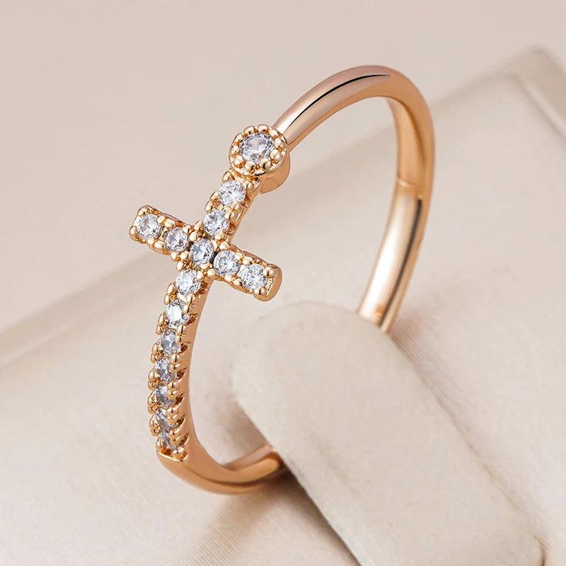 Popular Filled 14K Rose Gold Shiny AAA Zircon Diamonds Faith Cross Rings for Women - High Quality Fine Jewellery