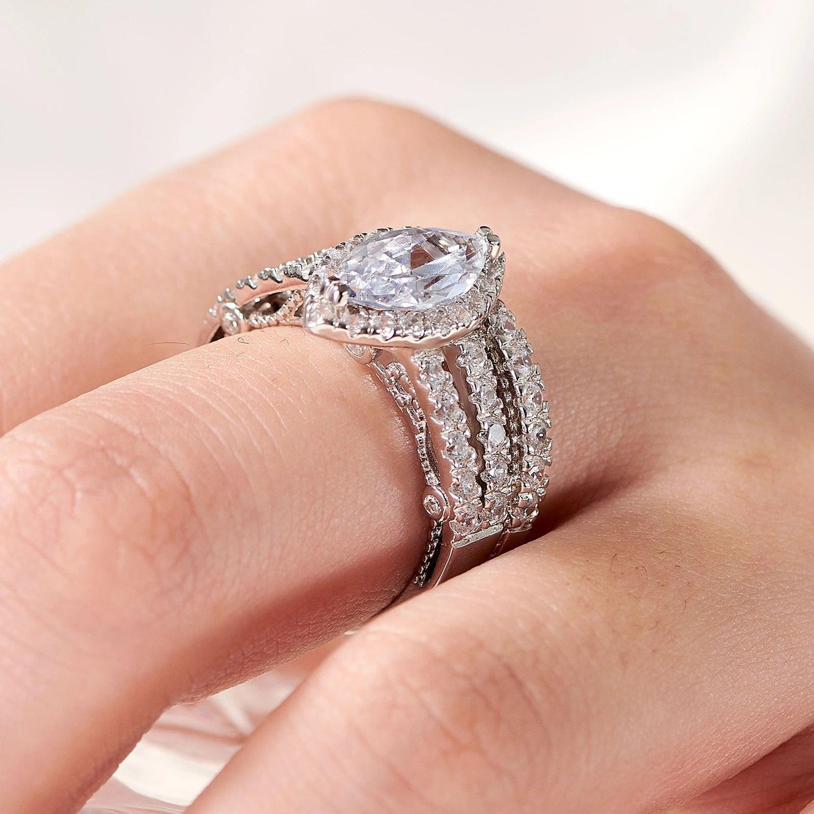 Amazing Marquise or Emerald Cut AAAAA Quality High Carbon Lab Created Diamond Luxury Ring Sets for Women - The Jewellery Supermarket