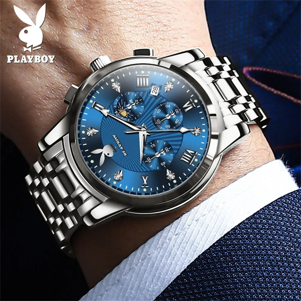 PLAYBOY Fashion Luxury Multifunction Original Waterproof Stainless Steel High Quality Quartz Watch for Men