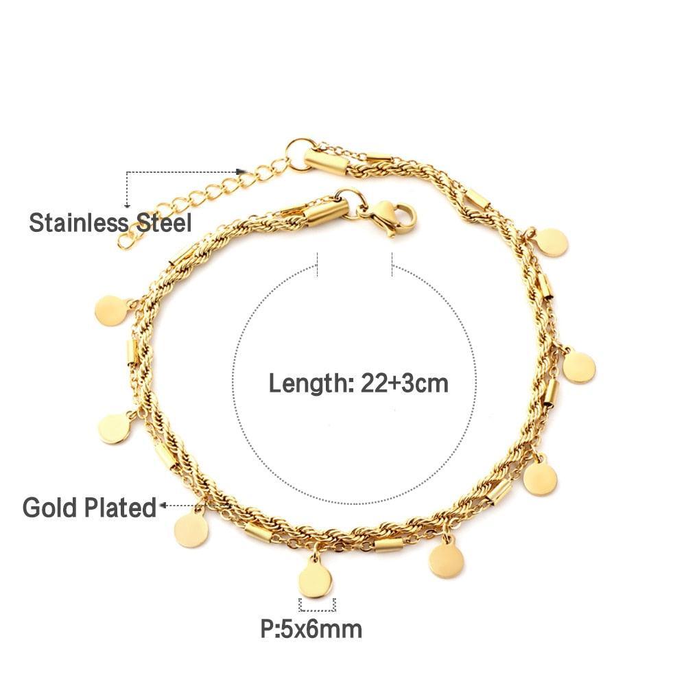 Double Layer Coin Disc Pendant Anklets - Gold Colour Stainless Steel Anti-allergic Rope Chain Jewellery - The Jewellery Supermarket