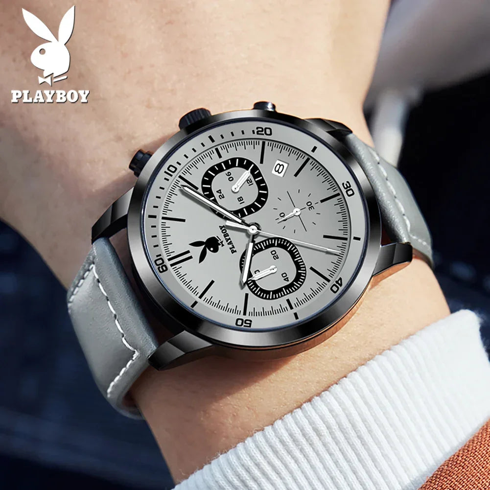 PLAYBOY Top Brand Fashion Watch for Men Leather Strap  High Quality Casual Waterproof Luxury Quartz Men's Watches