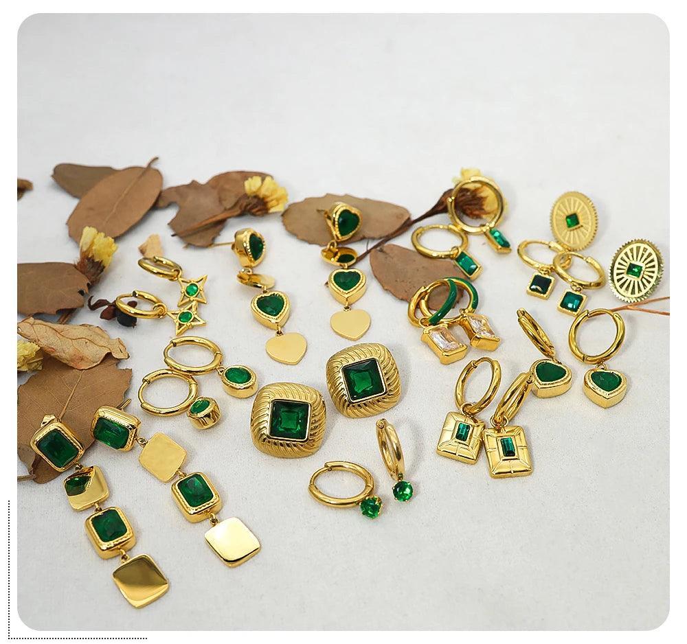 Trendy Green Zircon Crystals Stainless Steel Drop Luxury Charm Dangle Earrings for Women and Girls - The Jewellery Supermarket
