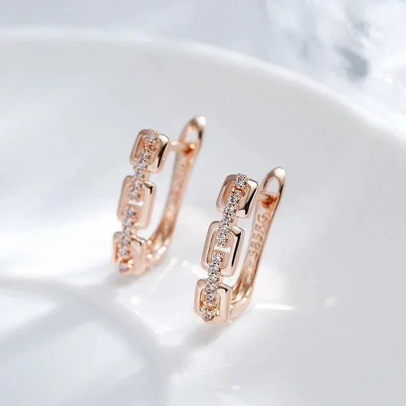 Charming Personality Chain Design Inlay with AAA White Zircon Diamonds 14K Rolled Rose Gold Earrings for Women