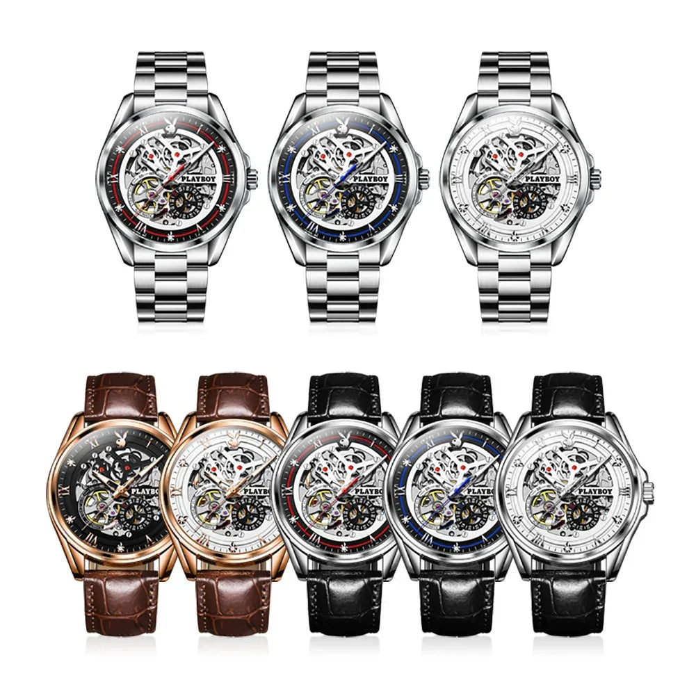 PLAYBOY Brand Skeleton Multifunction Automatic Mechanical Original Stainless Steel Fashion Luxury Watches for Men