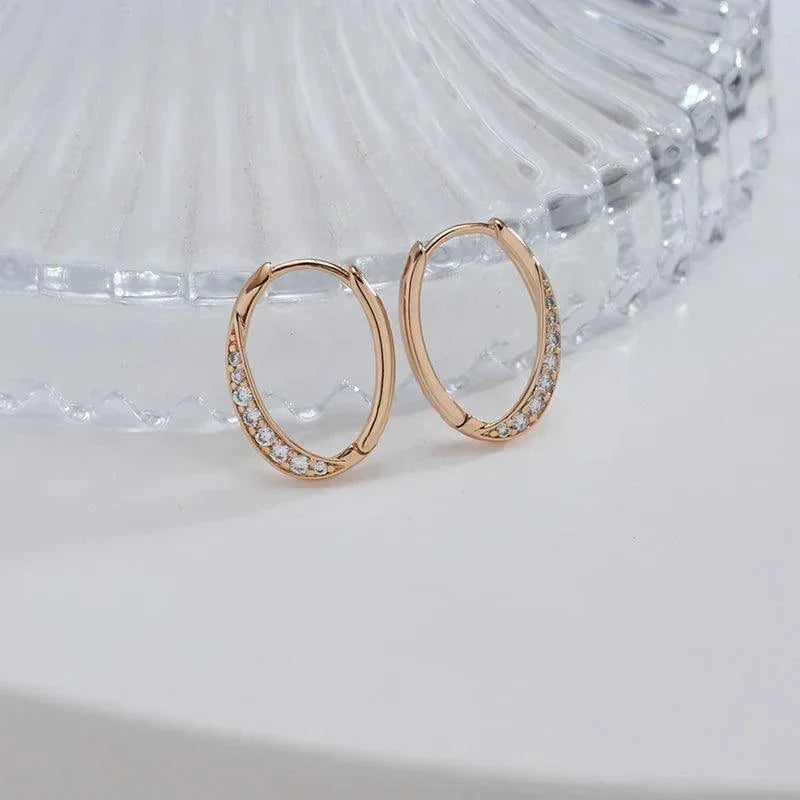 Geometric Smooth Oval AAA Zircon Diamonds Hoop Earrings 14K Rolled Rose Gold Party Jewellery