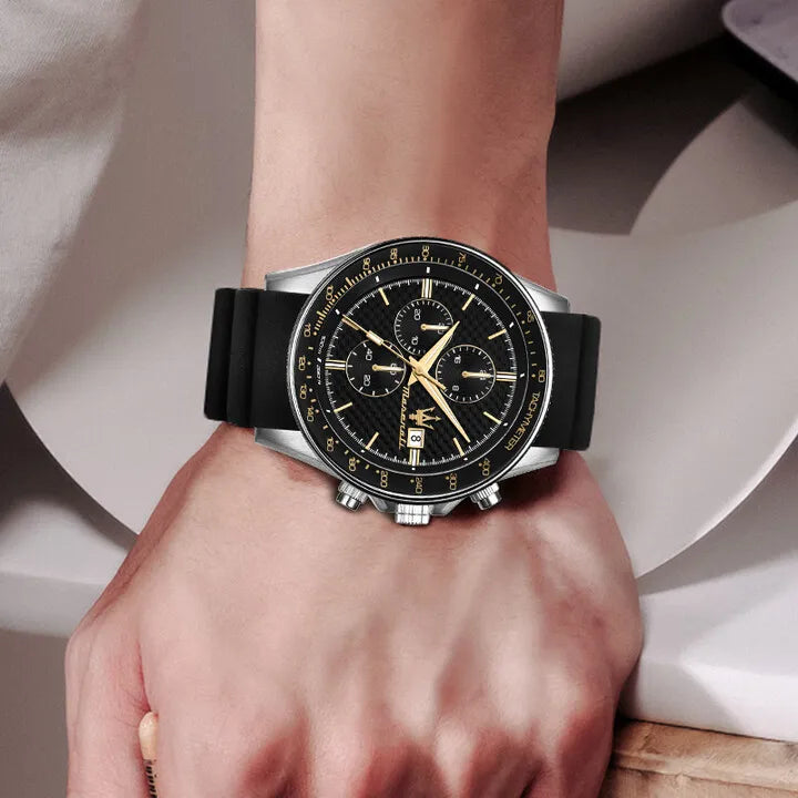 Amazing Gold Maserati Men's Watch Sports Leisure Luxury Europe and America Large Dial Black Silicone StrWatch.