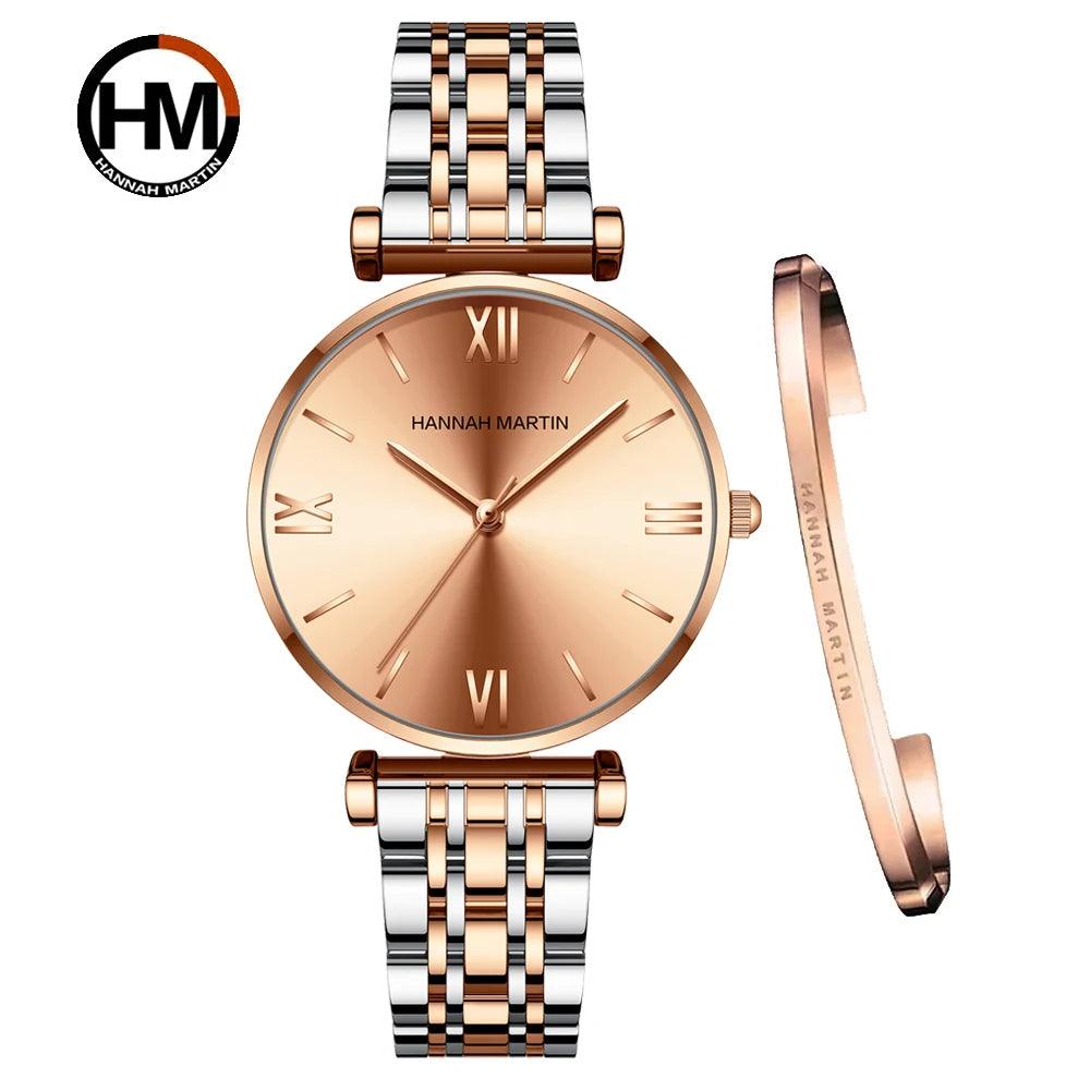 Simple Elegant Round Dial Fashion Stainless Steel Ladies Watches Rose Gold Colour Quartz Wristwatches with Bracelets