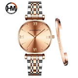Simple Elegant Round Dial Fashion Stainless Steel Ladies Watches Rose Gold Colour Quartz Wristwatches with Bracelets