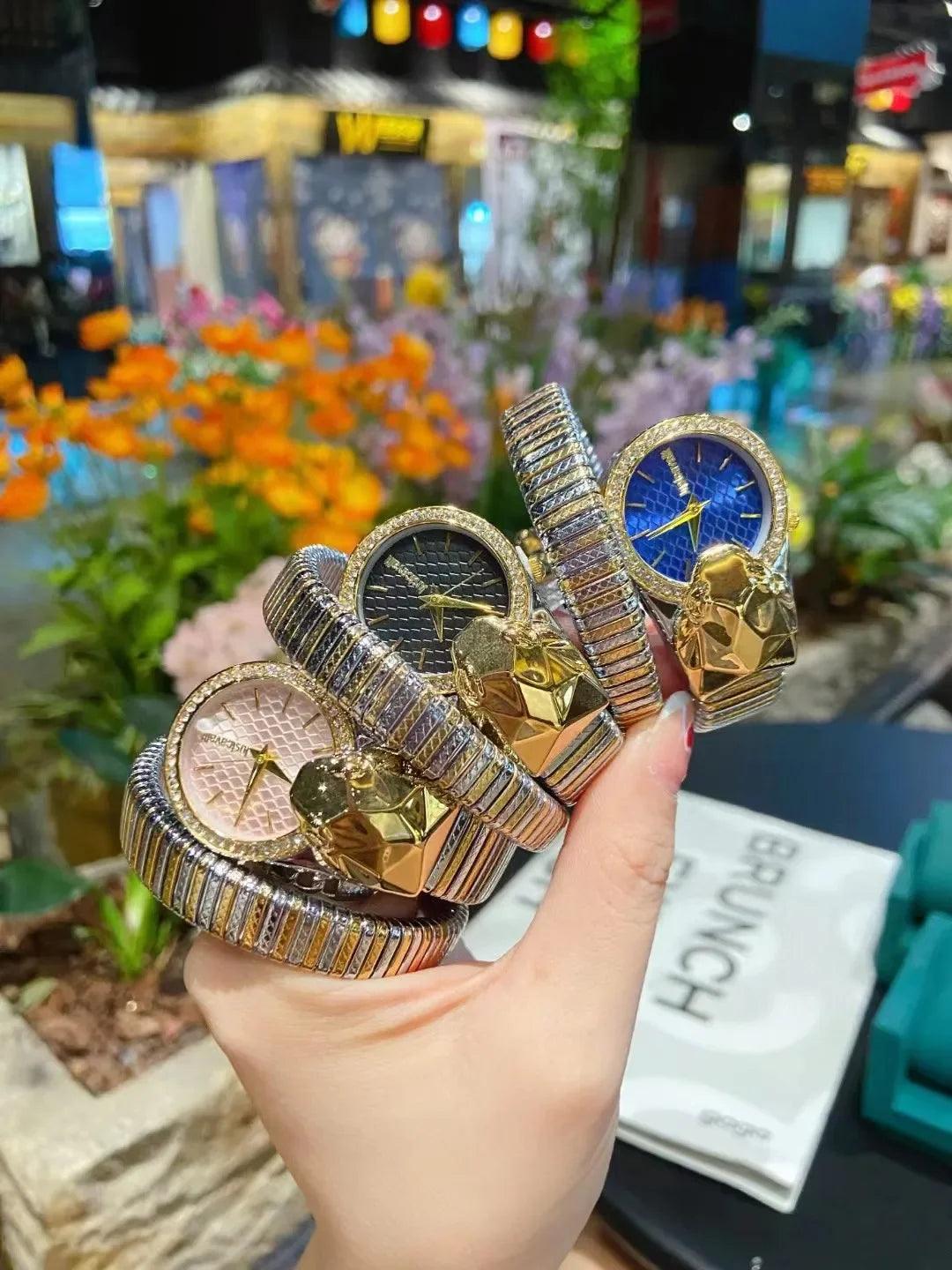 NEW Fashion Top Brand Casual High-End Snake Shape Zircon Diamonds Dress Steel Bracelet Quartz Ladies Watches