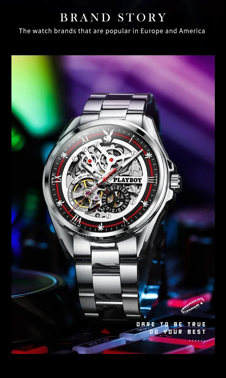 PLAYBOY Brand Skeleton Multifunction Automatic Mechanical Original Stainless Steel Fashion Luxury Watches for Men