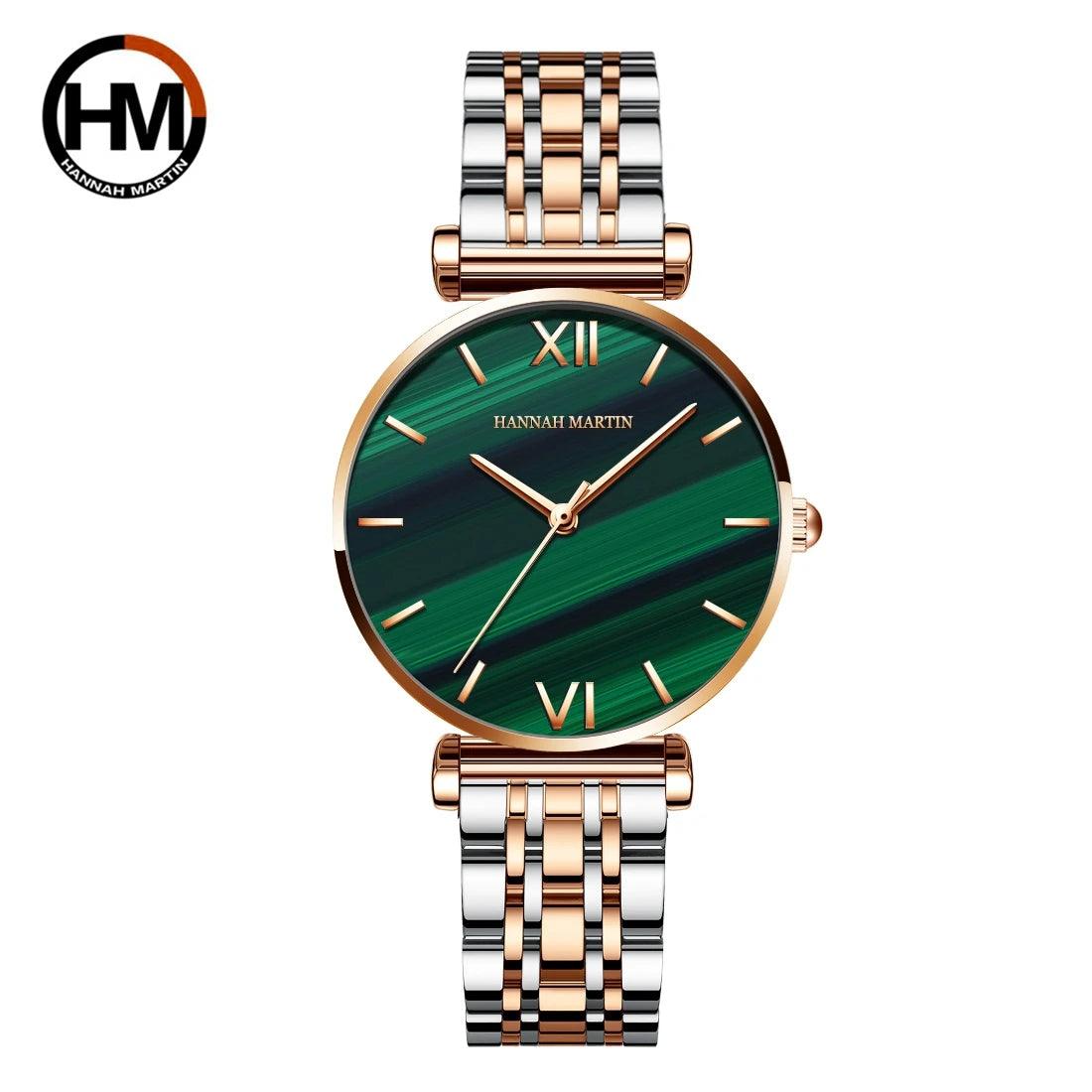 New Design Elegant Lady's Wristwatch Green Malachite Dial Quartz Stainless Steel Strap Waterproof Watches for Women