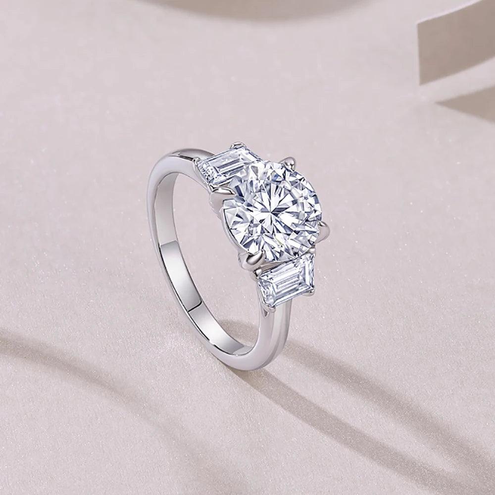 3 Stone 3ct Round Cut Full Moissanite Diamonds Rings for Women White Gold Plated Wedding Sterling Silver Jewellery