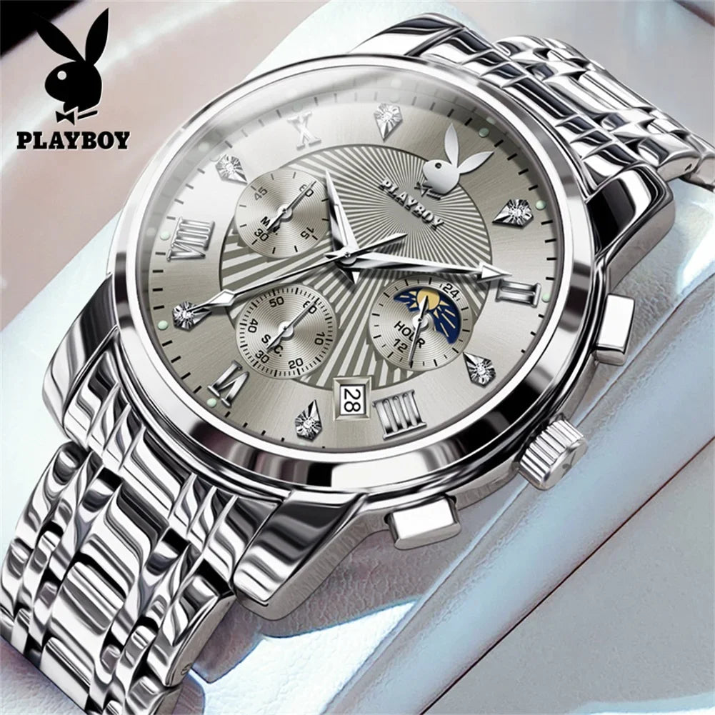 PLAYBOY Fashion Luxury Multifunction Original Waterproof Stainless Steel High Quality Quartz Watch for Men