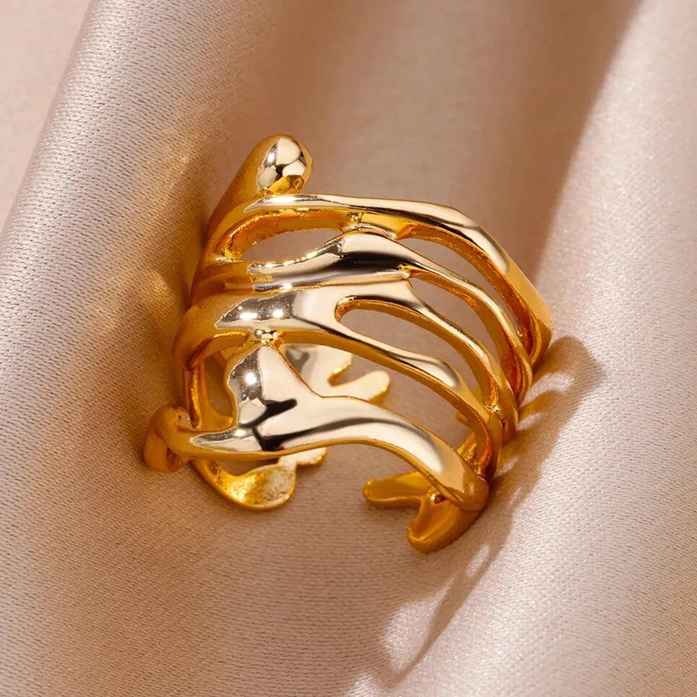 New Arrival Gold Colour Hollow Wide Stainless Steel Rings For Women - Trendy Party Jewellery Ideal Gift - The Jewellery Supermarket