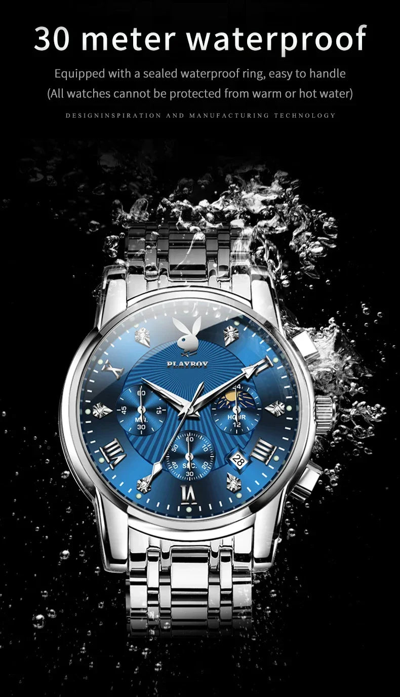 PLAYBOY Fashion Luxury Multifunction Original Waterproof Stainless Steel High Quality Quartz Watch for Men