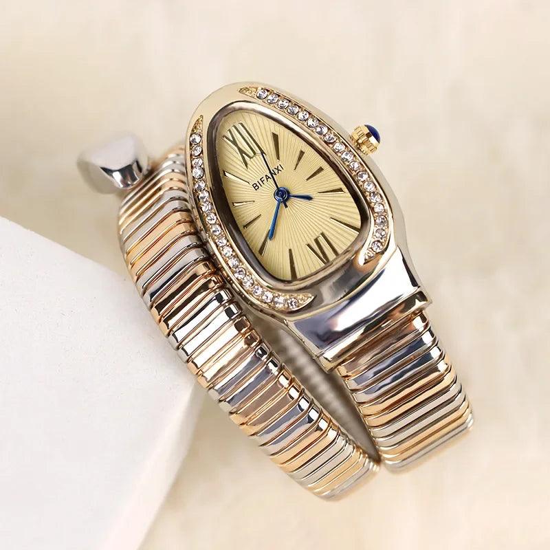 Unique Snake Shaped Design Bracelet Gold Silver Watches for Women Luxury Bangle Quartz Watches