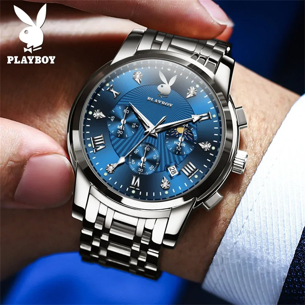 PLAYBOY Fashion Luxury Multifunction Original Waterproof Stainless Steel High Quality Quartz Watch for Men