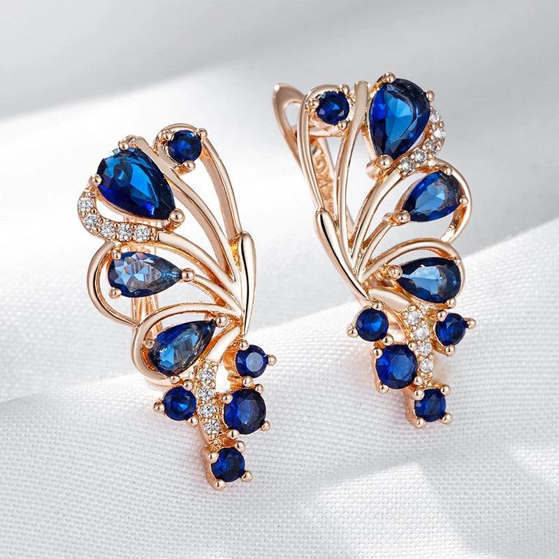 Luxury Elegant Blue Fine Filled 14K Rose Gold AAA Zircon Crystals Flower Drop Earrings - Fashion Jewellery