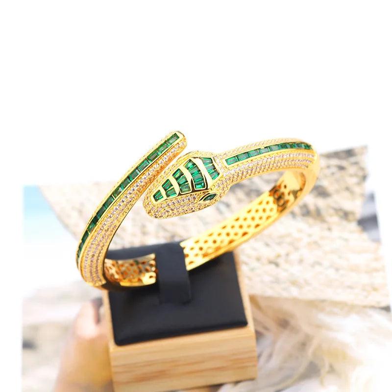 Designer Collection Rectangle Zircon Diamonds Gold Color Snake Serpent Snakelike Open Bangle Bracelet Ladies Watches