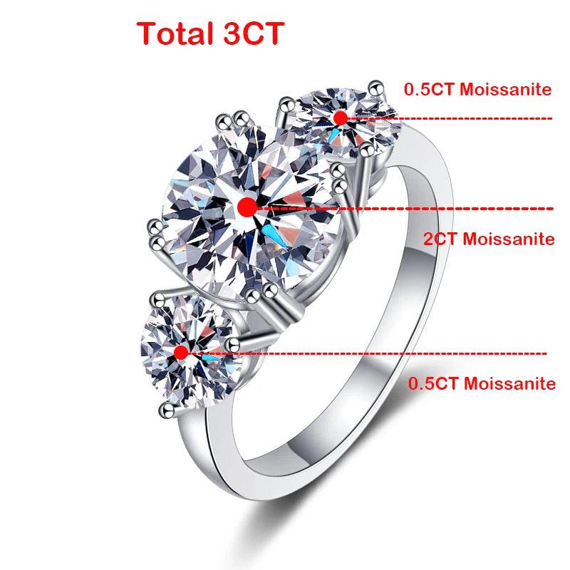 Superb 3CT 3 Stones Moissanite Diamonds Rings for Women 18KGP Wedding Engagement Bridal Sterling Silver Jewellery