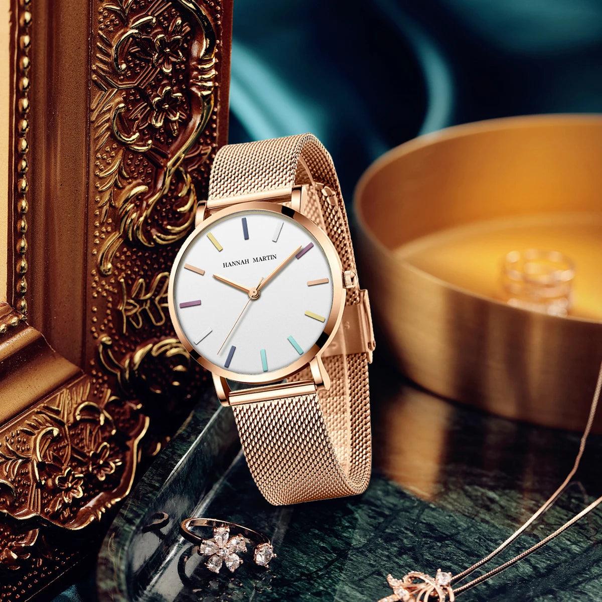Elegant Luxury Brand Fashion Rosegold Colour Stainless Steel Mesh Strap Japanese Quartz Movement Ladies Watches