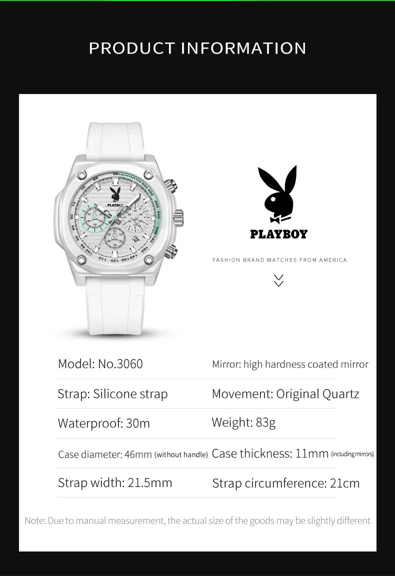 PLAYBOY Top Brand Original Luxury Waterproof Silicone Strap Calendar Luminous Fashion Quartz Men's Wrist Watches