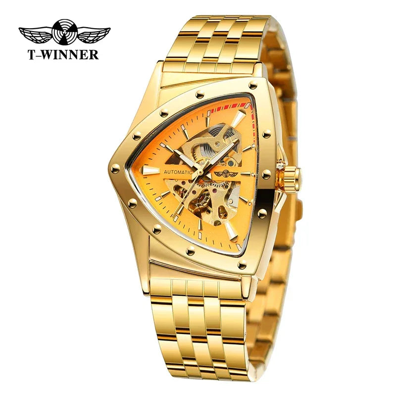 Golden Stainless Steel Waterproof Sport Transparent Triangle Skeleton Mechanical New Mens Wristwatches